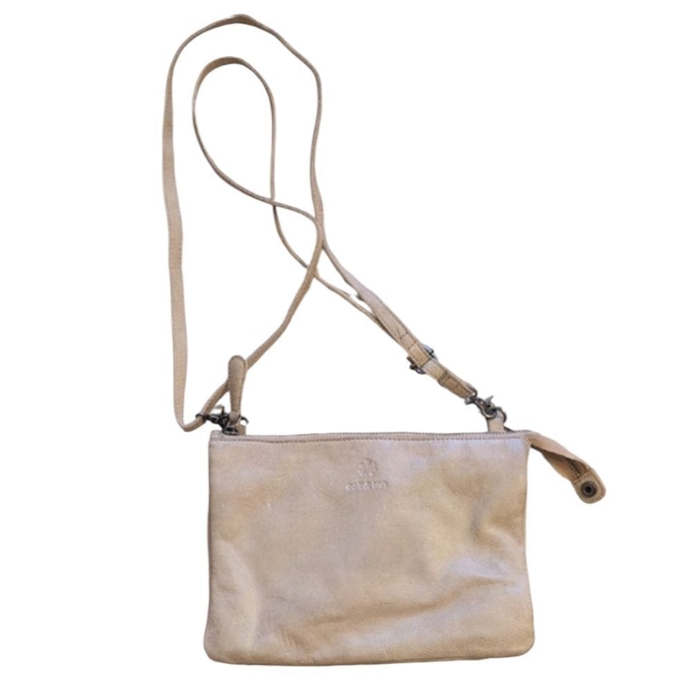 Oak & Tan Genuine Leather Crossbody Bag Buttery Soft White Triple Pocket Zip